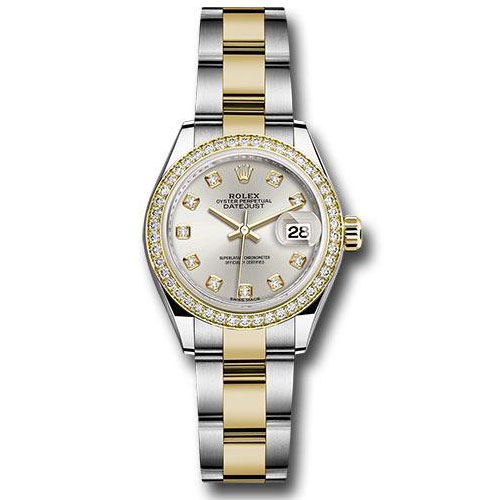 Rolex Steel and Yellow Gold Rolesor Lady-Datejust 28 Watch - Diamond Bezel - Silver Diamond Dial - Oyster Bracelet - 279383RBR sdo