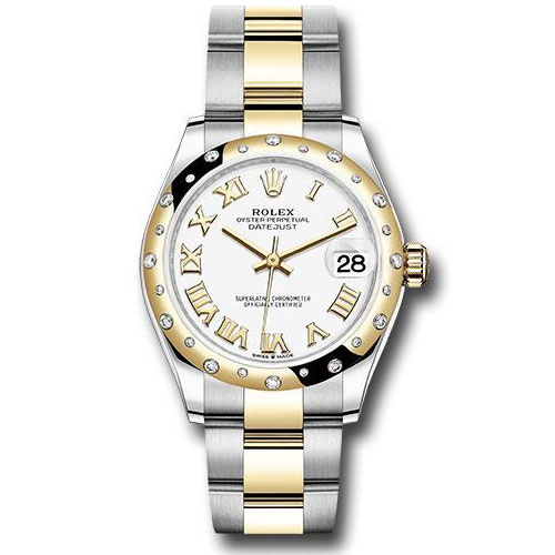 Rolex Steel and Yellow Gold Datejust 31 Watch - Domed Diamond Bezel - White Roman Dial - Oyster Bracelet - 278343 wro
