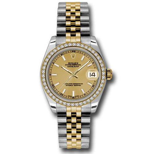 Rolex Steel and Yellow Gold Datejust 31 Watch - 46 Diamond Bezel - Champagne Index Dial - Jubilee Bracelet - 178383 chij