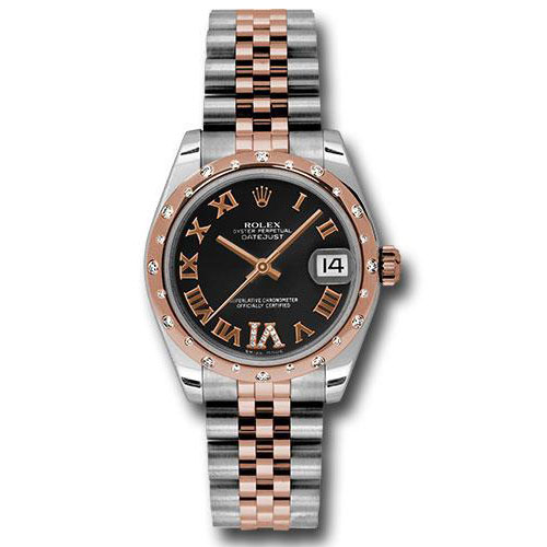 Rolex Steel and Everose Gold Datejust 31 Watch - 24 Diamond Bezel - Black Diamond Roman Vi Roman Dial - Jubilee Bracelet - 178341 bkdrj
