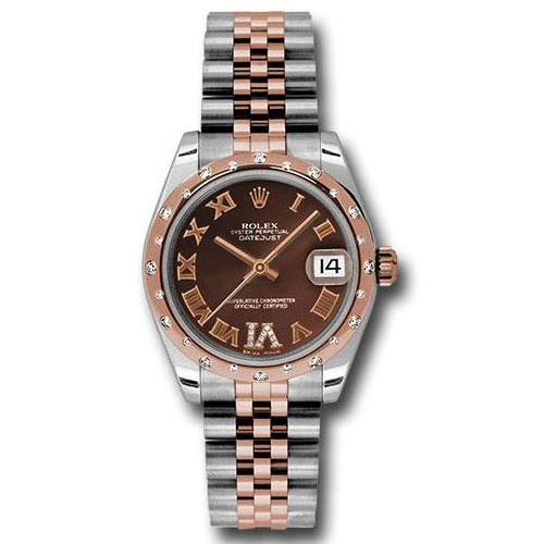 Rolex Steel and Everose Gold Datejust 31 Watch - 24 Diamond Bezel - Chocolate Diamond Roman Vi Roman Dial - Jubilee Bracelet - 178341 chodrj