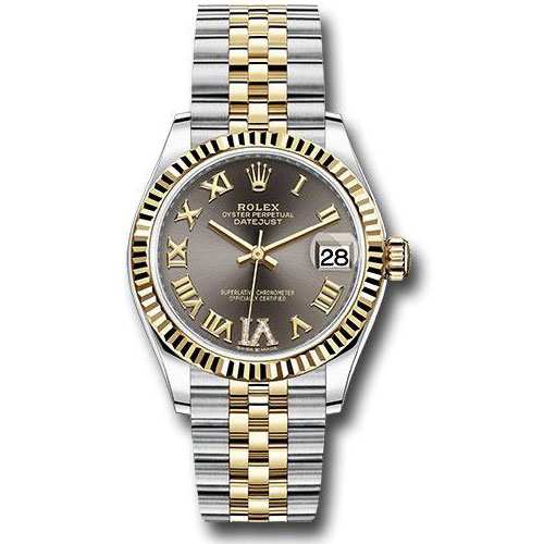 Rolex Steel and Yellow Gold Datejust 31 Watch - Fluted Bezel - Dark Grey Diamond Roman Six Dial - Jubilee Bracelet - 278273 dkgdr6j