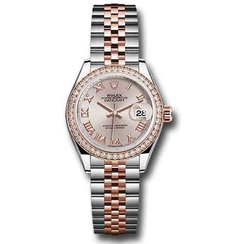 Rolex Steel and Everose Gold Rolesor Lady-Datejust 28 Watch - Diamond Bezel - Sundust Roman Dial - Jubilee Bracelet - 279381RBR surj