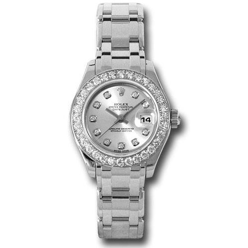 Rolex White Gold Lady-Datejust Pearlmaster 29 Watch - 32 Diamond Bezel - Silver Diamond Dial - 80299 sd