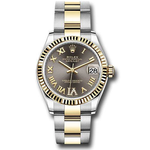 Rolex Steel and Yellow Gold Datejust 31 Watch - Fluted Bezel - Dark Grey Diamond Roman Six Dial - Oyster Bracelet - 278273 dkgdr6o