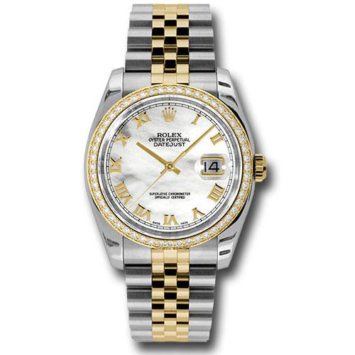 Rolex Steel and Yellow Gold Rolesor Datejust 36 Watch - 52 Brilliant-Cut Diamond Bezel - Mother-Of-Pearl Roman Dial - Jubilee Bracelet - 116243 mrj