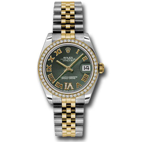 Rolex Steel and Yellow Gold Datejust 31 Watch - 46 Diamond Bezel - Olive Green Diamond Roman Vi Roman Dial - Jubilee Bracelet - 178383 ogdrj