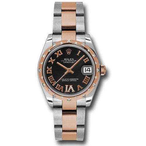 Rolex Steel and Everose Gold Datejust 31 Watch - 24 Diamond Bezel - Black Diamond Roman Vi Roman Dial - Oyster Bracelet - 178341 bkdro