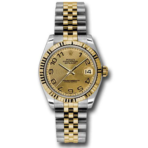 Rolex Steel and Yellow Gold Datejust 31 Watch - Fluted Bezel - Champagne Concentric Circle Arabic Dial - Jubilee Bracelet - 178273 chcaj