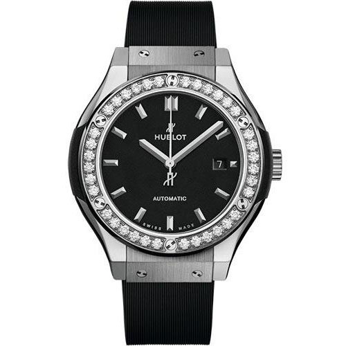Hublot Classic Fusion Titanium Diamonds Watch - 33 mm - Black Dial - Black Rubber and Leather Strap-582.NX.1170.RX.1204