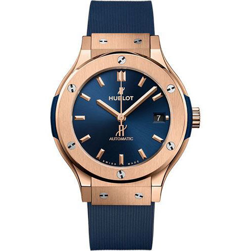 Hublot Classic Fusion King Gold Blue Watch - 38 mm - Blue Dial - Blue Lined Rubber Strap-565.OX.7180.RX