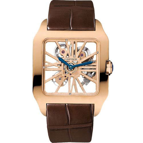 Cartier Santos-Dumont Skeleton Watch - 38.7 x 47.4 mm Pink Gold Case - Silver Dial - Brown Alligator Strap - W2020057