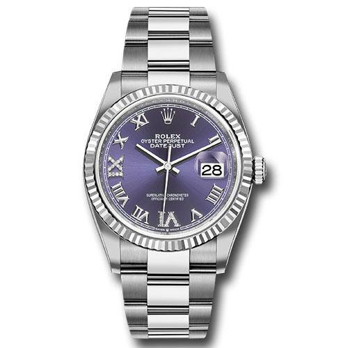 Rolex Steel Datejust 36 Watch - Fluted Bezel - Aubergine Purple Diamond Roman VI and IX Dial - Oyster Bracelet - 2019 Release - 126234 audr69o
