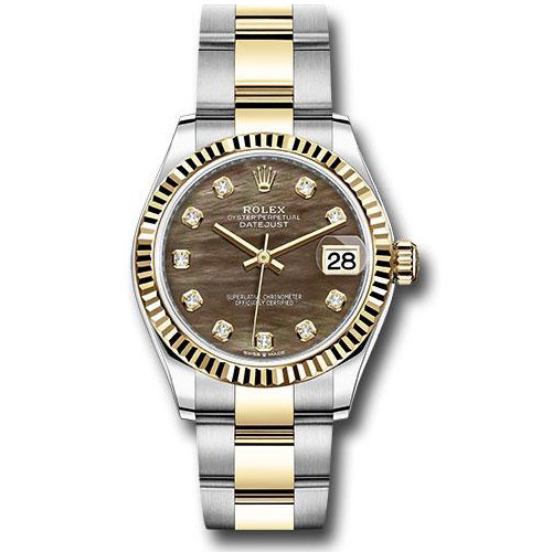 Rolex Steel and Yellow Gold Datejust 31 Watch - Fluted Bezel - Dark Mother-of-Pearl Diamond Dial - Oyster Bracelet - 278273 dkmdo