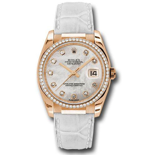 Rolex Pink Gold Datejust 36 Watch - 60 Diamond Bezel - Mother-Of-Pearl Diamond Dial - White Leather - 116185 mdw