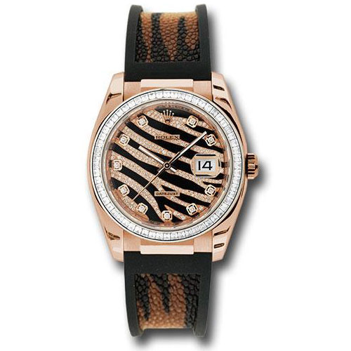 Rolex Pink Gold Datejust Royal Pink 36 Watch - Baguette Diamond Bezel - Black And Diamond Paved Dial - Galuchat - 116185 BBR