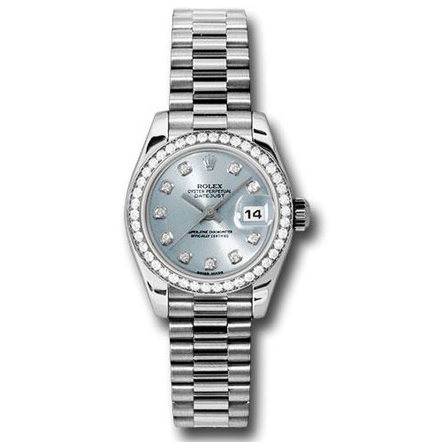 Rolex Platinum Lady-Datejust 26 Watch - 42 Diamond Bezel - Ice Blue Diamond Dial - President Bracelet - 179136 ibdp