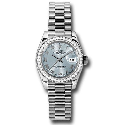 Rolex Platinum Lady-Datejust 26 Watch - 42 Diamond Bezel - Ice Blue Roman Dial - President Bracelet - 179136 ibrp