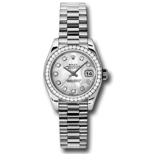 Rolex Platinum Lady-Datejust 26 Watch - 42 Diamond Bezel - Mother-Of-Pearl Diamond Dial - President Bracelet - 179136 mdp