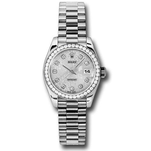 Rolex Platinum Lady-Datejust 26 Watch - 42 Diamond Bezel - Silver Jubilee Diamond Dial - President Bracelet - 179136 sjdp
