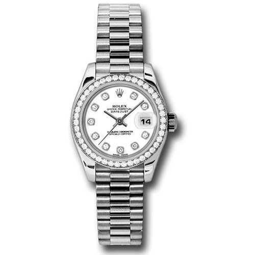 Rolex Platinum Lady-Datejust 26 Watch - 42 Diamond Bezel - White Diamond Dial - President Bracelet - 179136 wdp