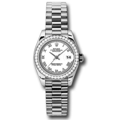 Rolex Platinum Lady-Datejust 26 Watch - 42 Diamond Bezel - White Roman Dial - President Bracelet - 179136 wrp