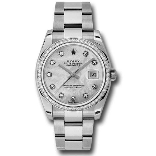 Rolex Steel and White Gold Datejust 36 Watch - 52 Diamond Bezel - Mother-Of-Pearl Diamond Dial - Oyster Bracelet - 116244 mdo