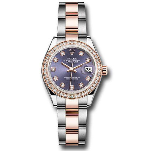 Rolex Steel and Everose Gold Rolesor Lady-Datejust 28 Watch - Diamond Bezel - Aubergine Diamond Dial - Oyster Bracelet - 279381RBR audo