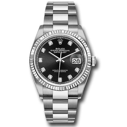 Rolex Steel Datejust 36 Watch - Fluted Bezel - Black Diamond Dial - Oyster Bracelet - 2019 Release - 126234 bkdo