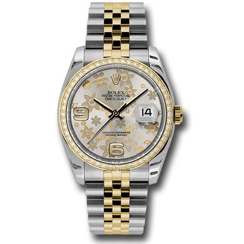 Rolex Steel and Yellow Gold Rolesor Datejust 36 Watch - 52 Brilliant-Cut Diamond Bezel - Silver Floral Arabic Dial - Jubilee Bracelet - 116243 sfaj