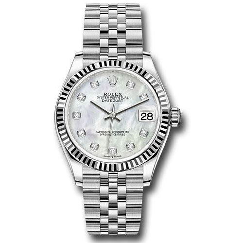 Rolex Steel and White Gold Datejust 31 Watch - Fluted Bezel - White Mother-Of-Pearl Diamond Dial - Jubilee Bracelet - 278274 mdj