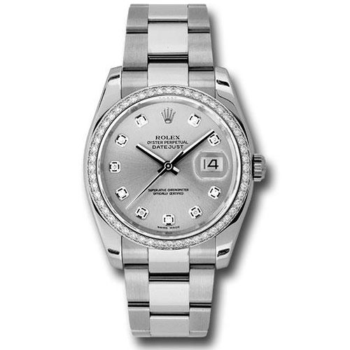 Rolex Steel and White Gold Datejust 36 Watch - 52 Diamond Bezel - Silver Diamond Dial - Oyster Bracelet - 116244 sdo