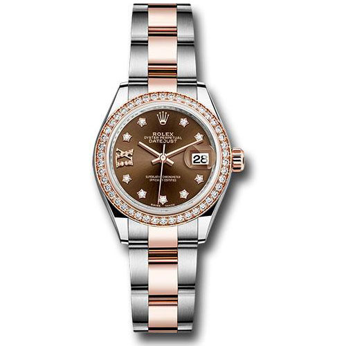 Rolex Steel and Everose Gold Rolesor Lady-Datejust 28 Watch - Diamond Bezel - Chocolate Diamond Star Dial - Oyster Bracelet - 279381RBR cho9dix8do