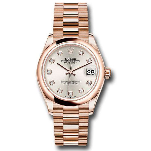 Rolex Everose Gold Datejust 31 Watch - Domed Bezel - Silver Diamond Dial - President Bracelet - 278245 sdp
