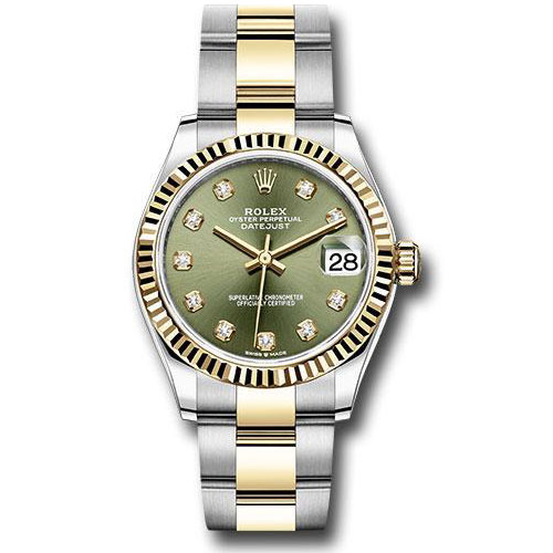 Rolex Steel and Yellow Gold Datejust 31 Watch - Fluted Bezel - Olive Green Diamond Dial - Oyster Bracelet - 278273 ogdo