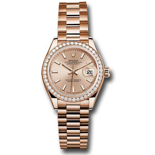 Rolex Everose Gold Lady-Datejust 28 Watch - 44 Diamond Bezel - Pink Sundust Index Dial - President Bracelet - 279135RBR pip