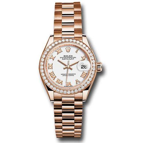 Rolex Everose Gold Lady-Datejust 28 Watch - 44 Diamond Bezel - White Roman Dial - President Bracelet - 279135RBR wrp
