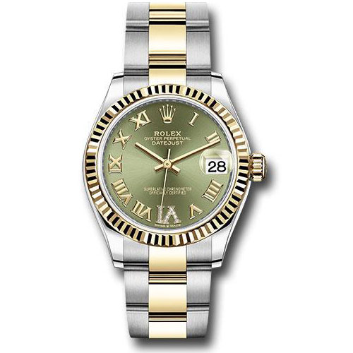 Rolex Steel and Yellow Gold Datejust 31 Watch - Fluted Bezel - Olive Green Diamond Roman Six Dial - Oyster Bracelet - 278273 ogdr6o