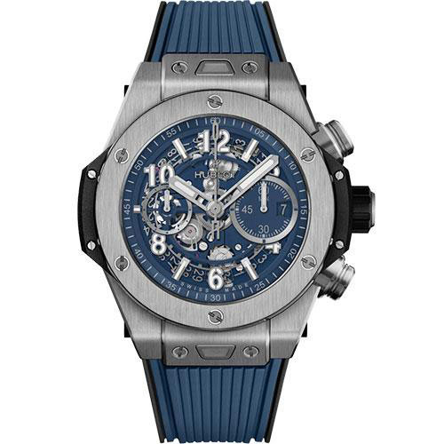 Hublot Big Bang Unico Titanium Blue Watch - 44 mm - Blue Skeleton Dial - Blue Rubber Strap-421.NX.5170.RX