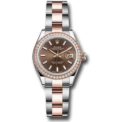 Rolex Steel and Everose Gold Rolesor Lady-Datejust 28 Watch - Diamond Bezel - Chocolate Index Dial - Oyster Bracelet - 279381RBR choio