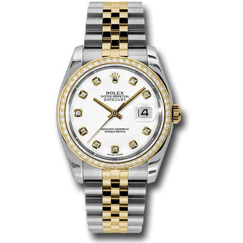 Rolex Steel and Yellow Gold Rolesor Datejust 36 Watch - 52 Brilliant-Cut Diamond Bezel - White Diamond Dial - Jubilee Bracelet - 116243 wdj