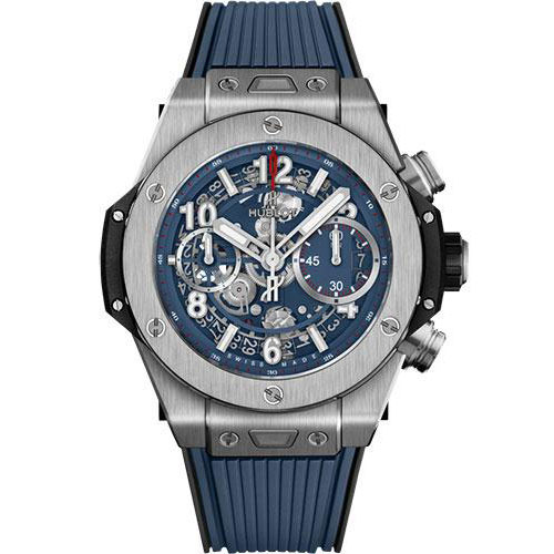 Hublot Big Bang Unico Titanium Blue Watch - 42 mm - Blue Skeleton Dial - Black and Blue Rubber Strap-441.NX.5179.RX