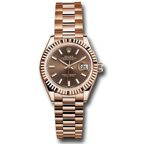 Rolex Everose Gold Lady-Datejust 28 Watch - Fluted Bezel - Chocolate Index Dial - President Bracelet - 279175 choip