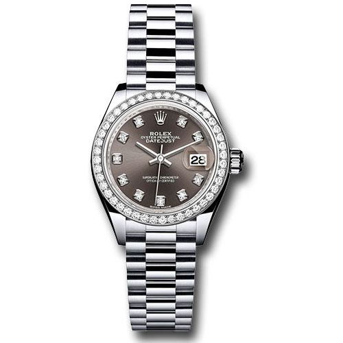 Rolex Platinum Lady-Datejust 28 Watch - 44 Diamond Bezel - Dark Grey Diamond Dial - President Bracelet - 279136RBR dkgdp