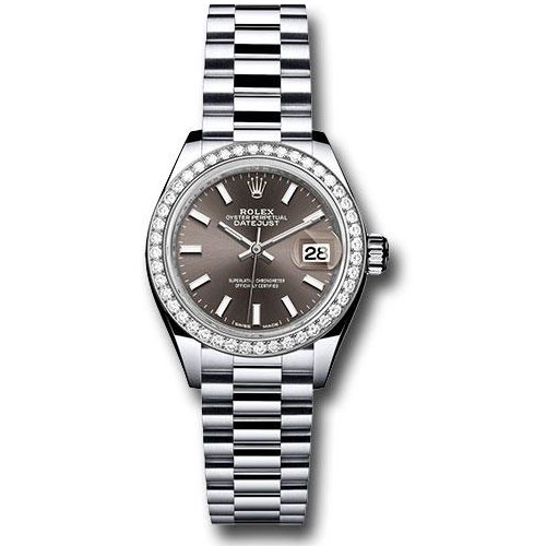 Rolex Platinum Lady-Datejust 28 Watch - 44 Diamond Bezel - Dark Grey Index Dial - President Bracelet - 279136RBR dkgip