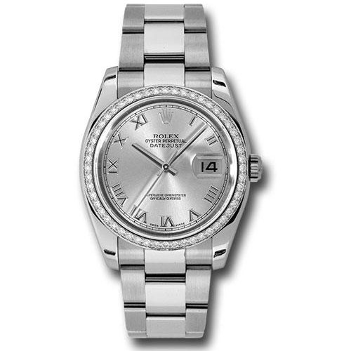 Rolex Steel and White Gold Datejust 36 Watch - 52 Diamond Bezel - Silver Roman Dial - Oyster Bracelet - 116244 sro