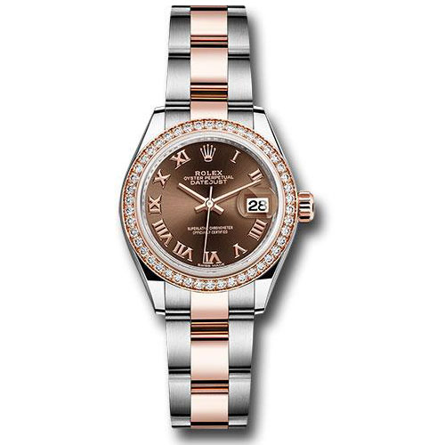 Rolex Steel and Everose Gold Rolesor Lady-Datejust 28 Watch - Diamond Bezel - Chocolate Roman Dial - Oyster Bracelet - 279381RBR choro