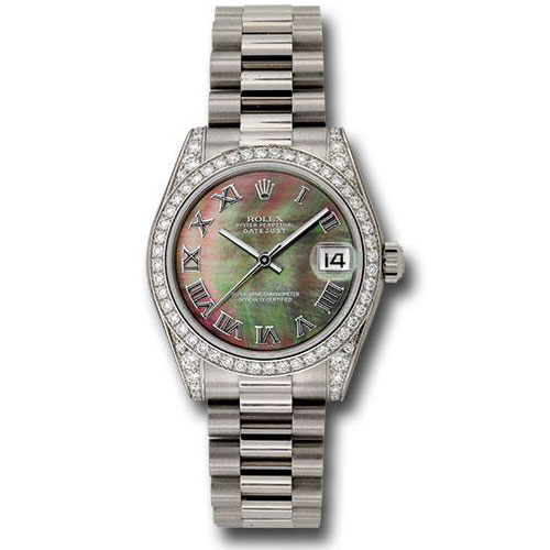 Rolex White Gold Datejust 31 Watch - 48 Diamond Bezel - Dark Mother-Of-Pearl Roman Dial - President Bracelet - 178159 dkmrp