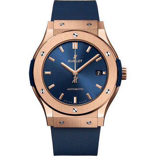 Hublot Classic Fusion King Gold Blue Watch - 45 mm - Blue Dial - Blue Lined Rubber Strap-511.OX.7180.RX
