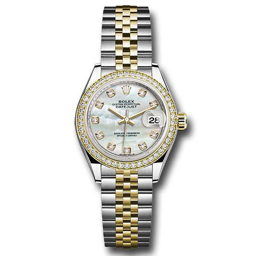 Rolex Steel and Yellow Gold Rolesor Lady-Datejust 28 Watch - Diamond Bezel - White Mother-Of-Pearl Diamond Dial - Jubilee Bracelet - 279383RBR mdj